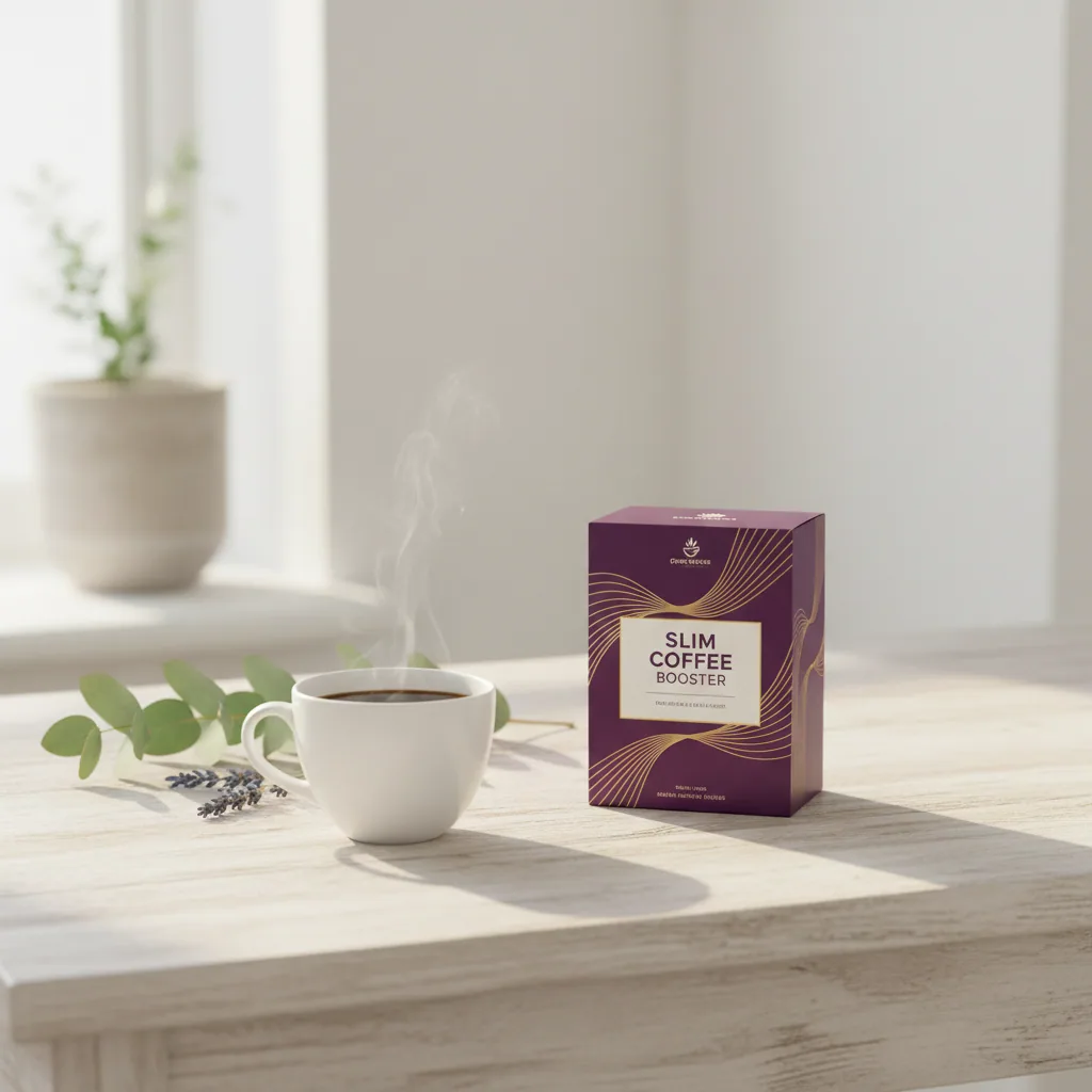 Slim Coffee Booster box alongside morning coffee - plant-based food supplement for active adults